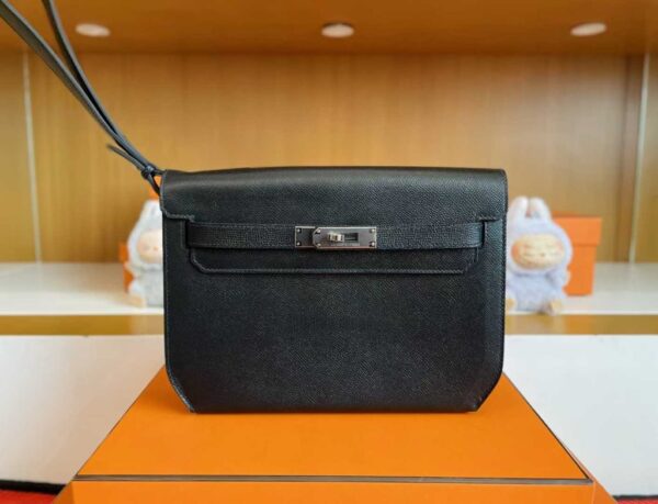 H Factory Bags Kelly Depeches Epsom Leather CK89 Black Silver Hardware 25cm Full Handmade