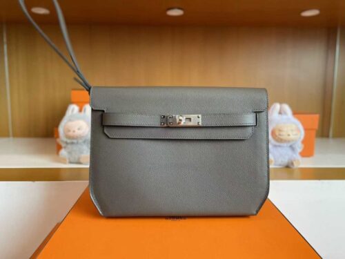 H Factory Bags Kelly Depeches Epsom Leather Medium Grey Silver Hardware 25cm Full Handmade
