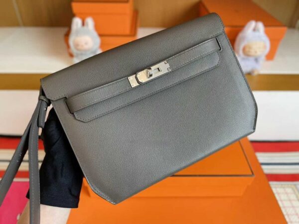 H Factory Bags Kelly Depeches Epsom Leather Medium Grey Silver Hardware 25cm Full Handmade
