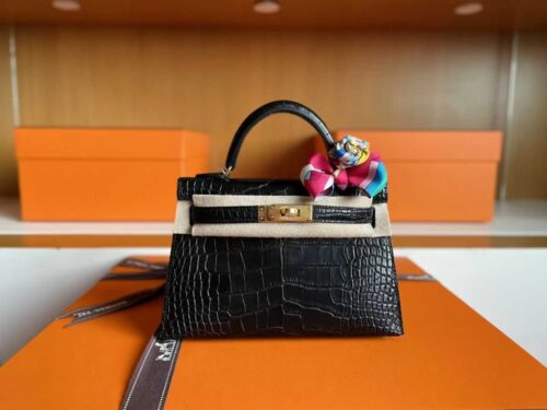 H Factory Bags Mini Kelly Matte Alligator Crocodile CK89 Black Gold Hardware 19cm Full Handmade