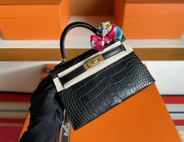 H Factory Bags Mini Kelly Matte Alligator Crocodile CK89 Black Gold Hardware 19cm Full Handmade