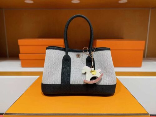 H Factory Bags Mini Garden party Canvas & Leather Black & White Silver Hardware 23cm Full Handmade