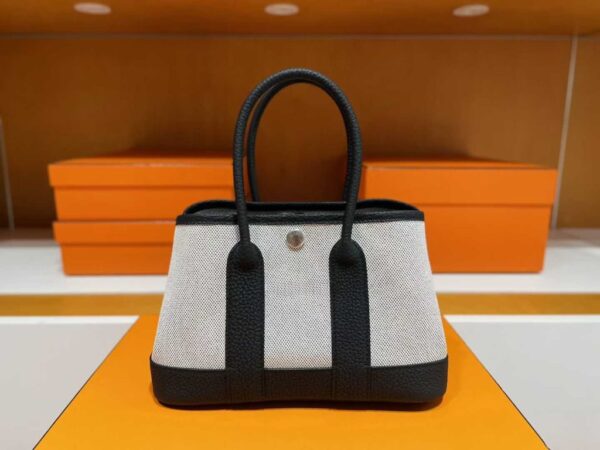 H Factory Bags Mini Garden party Canvas & Leather Black & White Silver Hardware 23cm Full Handmade