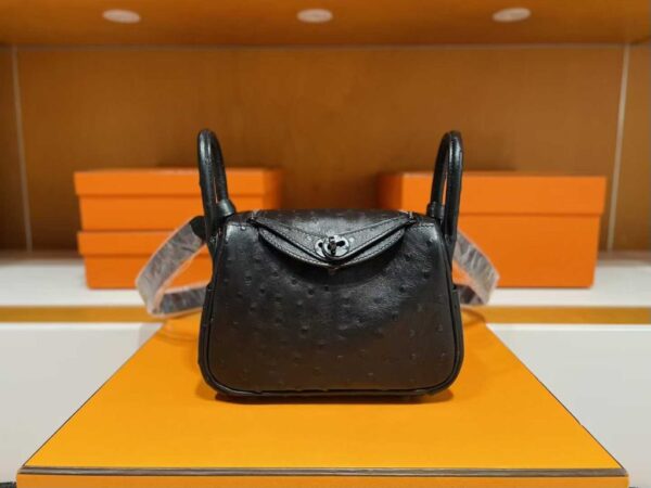 H Factory Bags Mini Lindy Ostrich Leather CK89 Black Black Buckle Hardware 19cm Full Handmade