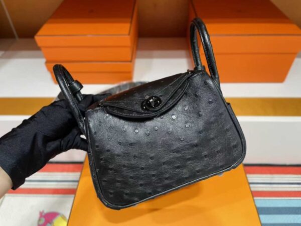 H Factory Bags Mini Lindy Ostrich Leather CK89 Black Black Buckle Hardware 19cm Full Handmade