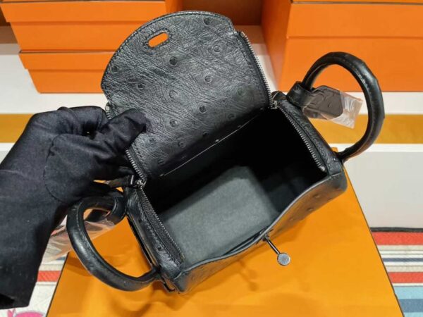 H Factory Bags Mini Lindy Ostrich Leather CK89 Black Black Buckle Hardware 19cm Full Handmade