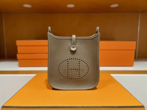 H Factory Bags Mini Evelyne Togo Leather Etoupe Grey Silver Hardware 16cm Full Handmade