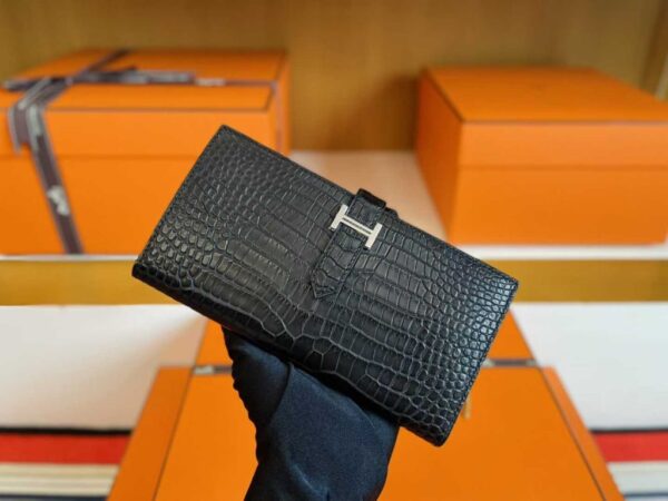 H Factory Bags Bearn Long Wallet Matte Alligator Crocodile CK89 Black Silver Hardware 17.5cm Full Handmade