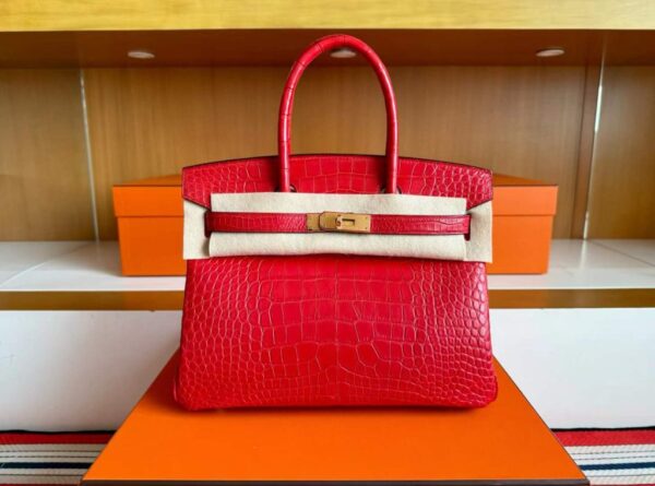 H Factory Bags Birkin Matte Crocodile Leather Ferrari Red Gold Hardware 30cm Full Handmade