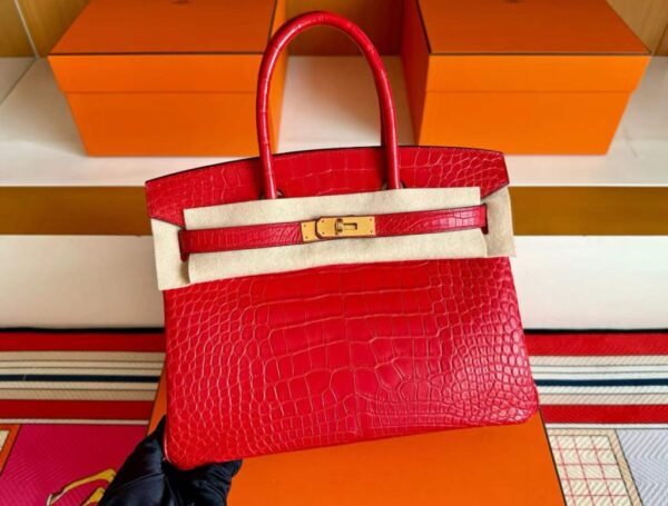 H Factory Bags Birkin Matte Crocodile Leather Ferrari Red Gold Hardware 30cm Full Handmade