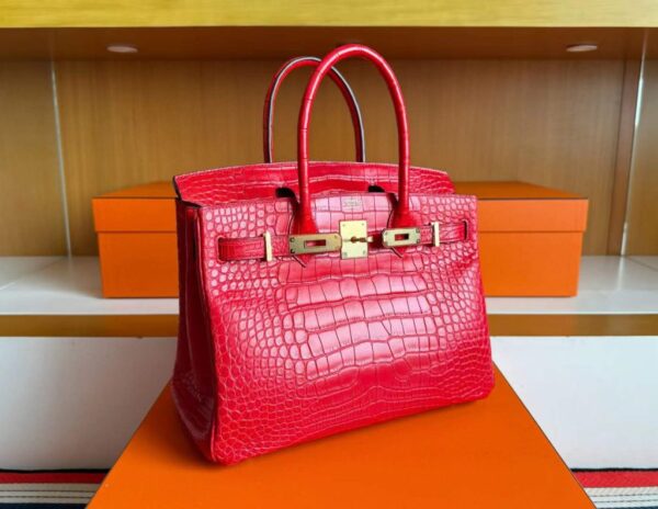 H Factory Bags Birkin Matte Crocodile Leather Ferrari Red Gold Hardware 30cm Full Handmade