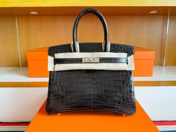 H Factory Bags Birkin Shiny Crocodile Leather Chocolate Color Silver Hardware 30cm Full Handmade