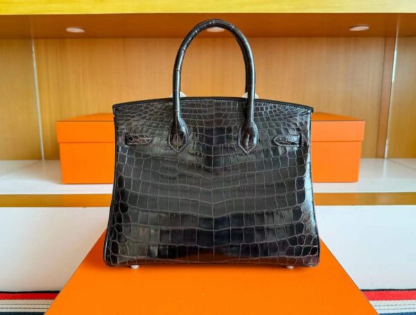 H Factory Bags Birkin Shiny Crocodile Leather Chocolate Color Silver Hardware 30cm Full Handmade