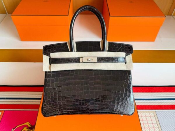 H Factory Bags Birkin Shiny Crocodile Leather Chocolate Color Silver Hardware 30cm Full Handmade
