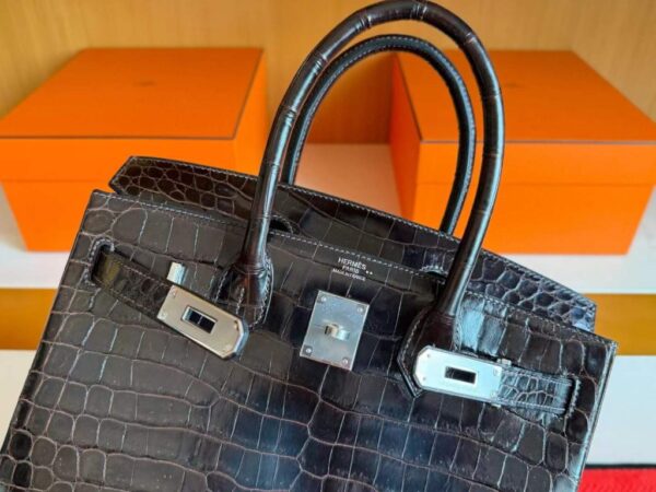 H Factory Bags Birkin Shiny Crocodile Leather Chocolate Color Silver Hardware 30cm Full Handmade