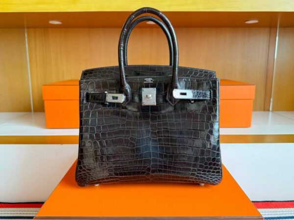 H Factory Bags Birkin Shiny Crocodile Leather Chocolate Color Silver Hardware 30cm Full Handmade