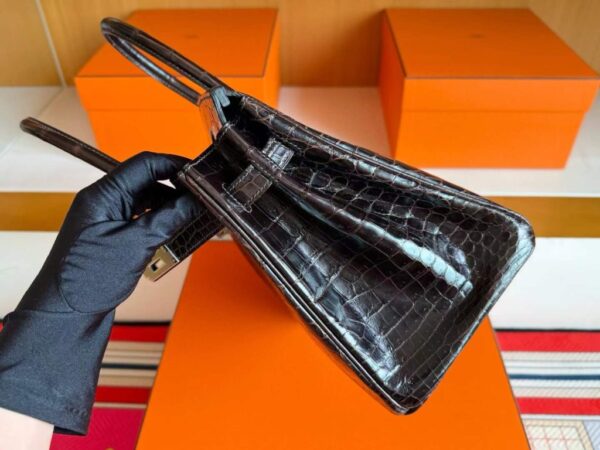H Factory Bags Birkin Shiny Crocodile Leather Chocolate Color Silver Hardware 30cm Full Handmade
