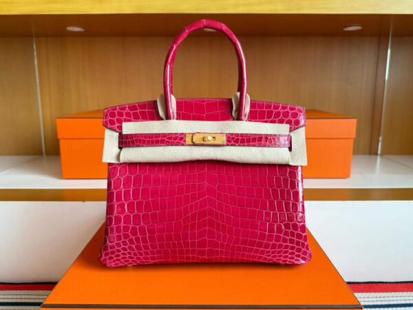 H Factory Bags Birkin Shiny Crocodile Leather 5R Rose Red Gold Hardware 30cm Full Handmade