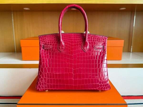 H Factory Bags Birkin Shiny Crocodile Leather 5R Rose Red Gold Hardware 30cm Full Handmade