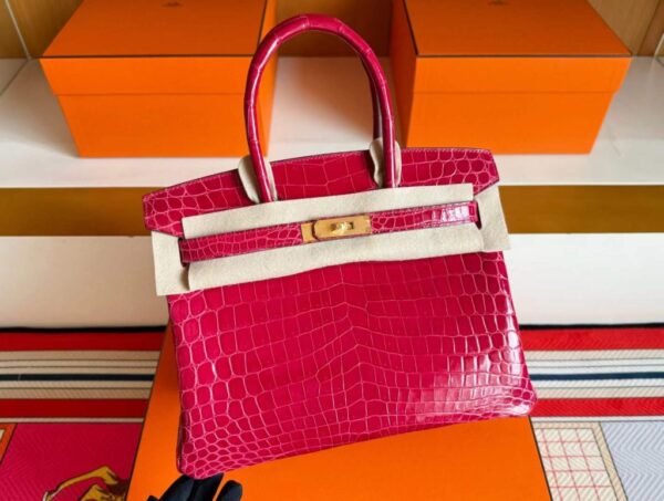 H Factory Bags Birkin Shiny Crocodile Leather 5R Rose Red Gold Hardware 30cm Full Handmade