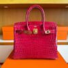 H Factory Bags Birkin Shiny Crocodile Leather 5R Rose Red Gold Hardware 30cm Full Handmade