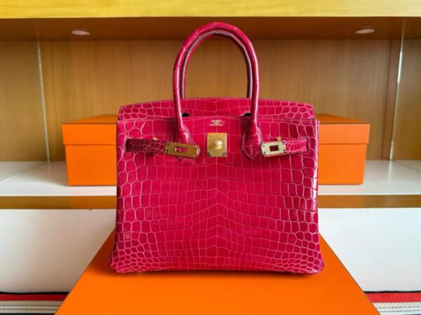 H Factory Bags Birkin Shiny Crocodile Leather 5R Rose Red Gold Hardware 30cm Full Handmade
