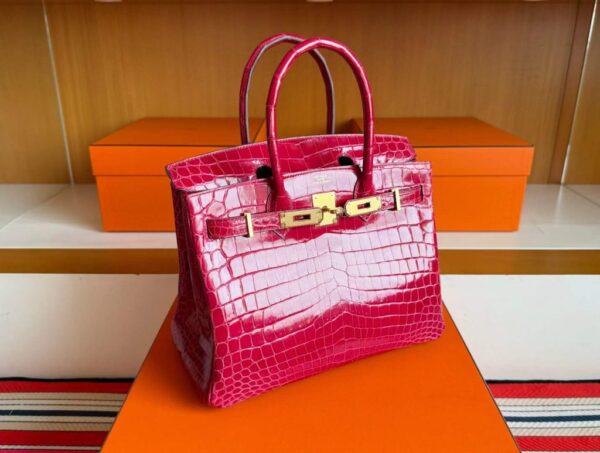 H Factory Bags Birkin Shiny Crocodile Leather 5R Rose Red Gold Hardware 30cm Full Handmade
