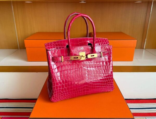 H Factory Bags Birkin Shiny Crocodile Leather 5R Rose Red Gold Hardware 30cm Full Handmade
