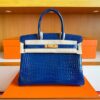 H Factory Bags Birkin Shiny Crocodile Leather Shiny Blue Gold Hardware 30cm Full Handmade