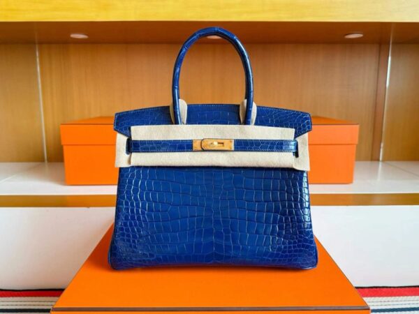 H Factory Bags Birkin Shiny Crocodile Leather Shiny Blue Gold Hardware 30cm Full Handmade