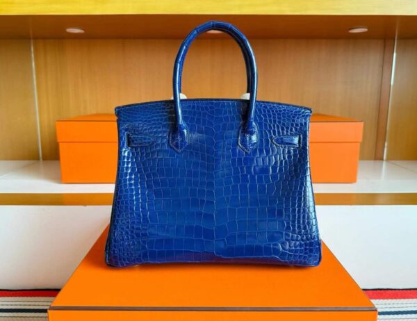 H Factory Bags Birkin Shiny Crocodile Leather Shiny Blue Gold Hardware 30cm Full Handmade
