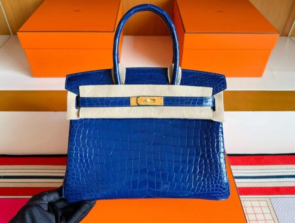 H Factory Bags Birkin Shiny Crocodile Leather Shiny Blue Gold Hardware 30cm Full Handmade