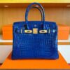 H Factory Bags Birkin Shiny Crocodile Leather Shiny Blue Gold Hardware 30cm Full Handmade