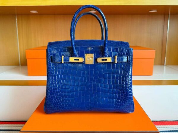 H Factory Bags Birkin Shiny Crocodile Leather Shiny Blue Gold Hardware 30cm Full Handmade