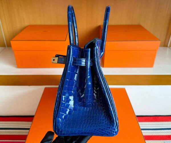 H Factory Bags Birkin Shiny Crocodile Leather Shiny Blue Gold Hardware 30cm Full Handmade