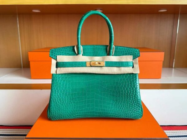 H Factory Bags Birkin Shiny Crocodile Leather Bamboo Green Gold Hardware 30cm Full Handmade