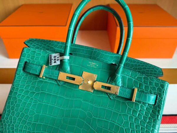 H Factory Bags Birkin Shiny Crocodile Leather Bamboo Green Gold Hardware 30cm Full Handmade
