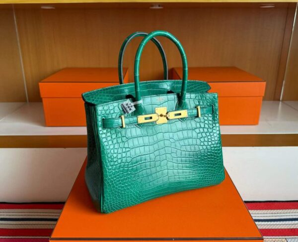 H Factory Bags Birkin Shiny Crocodile Leather Bamboo Green Gold Hardware 30cm Full Handmade