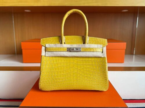 H Factory Bags Birkin Shiny Crocodile Leather Lemon yellow Gold Hardware 30cm Full Handmade