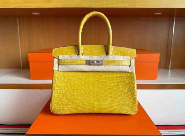 H Factory Bags Birkin Shiny Crocodile Leather Lemon yellow Gold Hardware 30cm Full Handmade