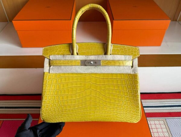 H Factory Bags Birkin Shiny Crocodile Leather Lemon yellow Gold Hardware 30cm Full Handmade