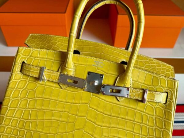 H Factory Bags Birkin Shiny Crocodile Leather Lemon yellow Gold Hardware 30cm Full Handmade