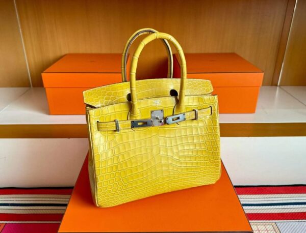 H Factory Bags Birkin Shiny Crocodile Leather Lemon yellow Gold Hardware 30cm Full Handmade