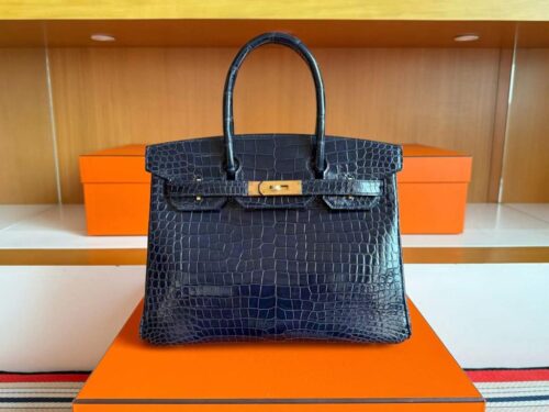 H Factory Bags Birkin Shiny Crocodile Leather Gem Blue Gold Hardware 30cm Full Handmade