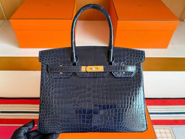 H Factory Bags Birkin Shiny Crocodile Leather Gem Blue Gold Hardware 30cm Full Handmade