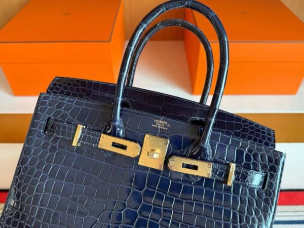H Factory Bags Birkin Shiny Crocodile Leather Gem Blue Gold Hardware 30cm Full Handmade