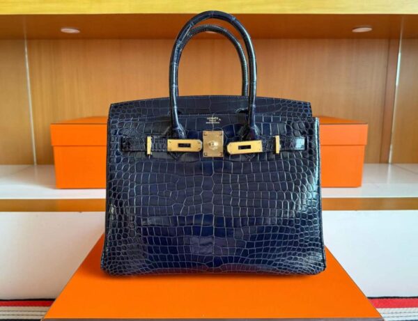 H Factory Bags Birkin Shiny Crocodile Leather Gem Blue Gold Hardware 30cm Full Handmade