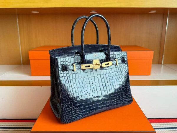 H Factory Bags Birkin Shiny Crocodile Leather Gem Blue Gold Hardware 30cm Full Handmade