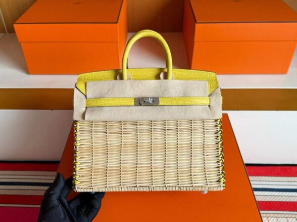 H Factory Bags Birkin Picnic Matte Alligator Crocodile & Bamboo Lemon Yellow Silver Hardware 25cm Full Handmade