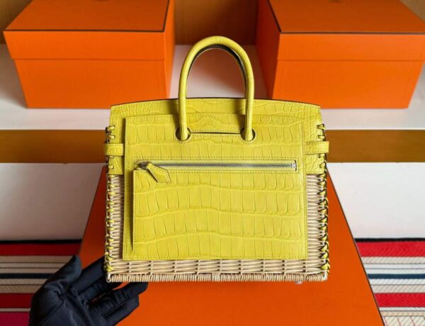 H Factory Bags Birkin Picnic Matte Alligator Crocodile & Bamboo Lemon Yellow Silver Hardware 25cm Full Handmade